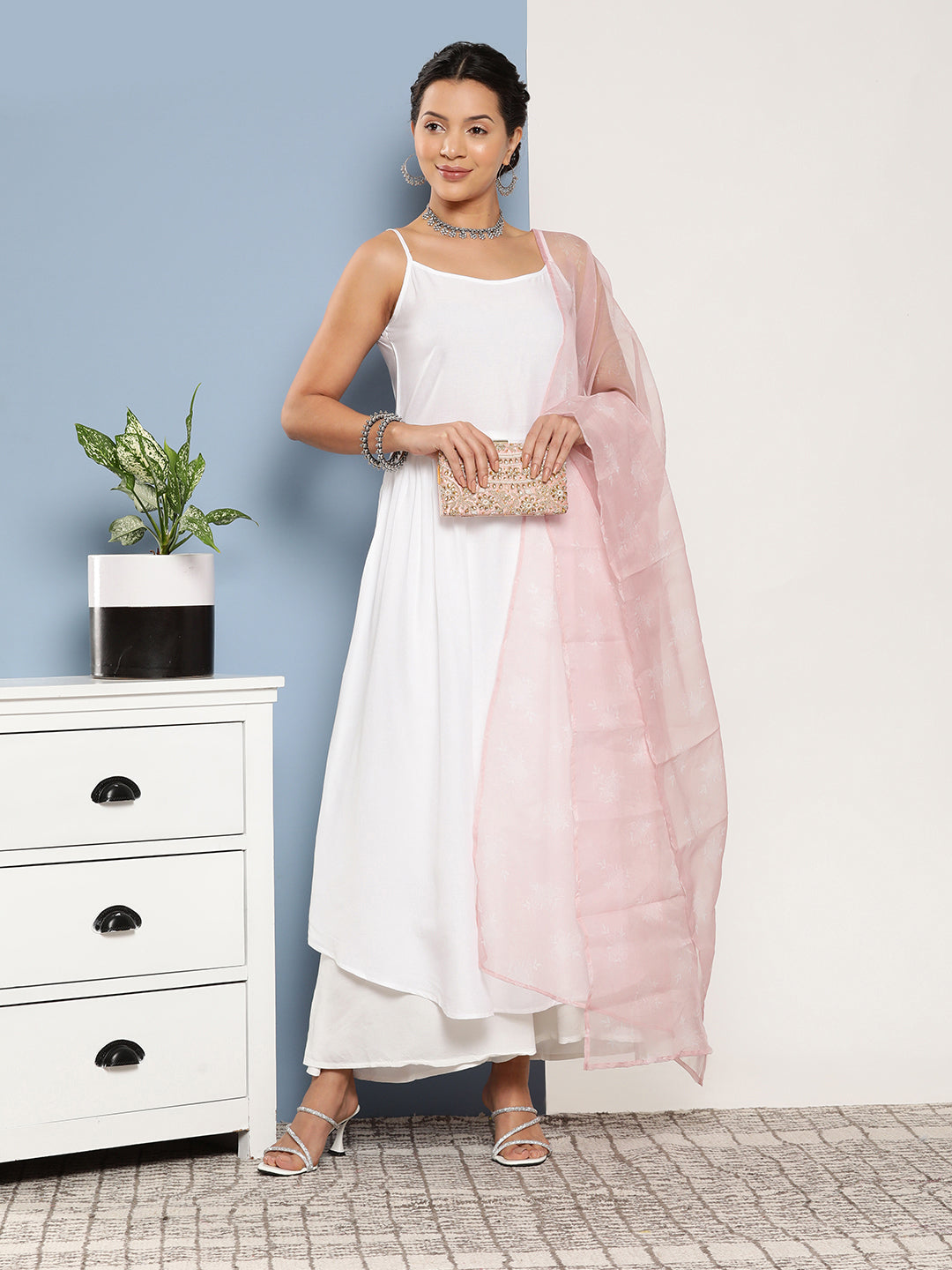 InWeave Women's Cream Strappy With Pink White Chintz Organza Dupatta | Grocsy
