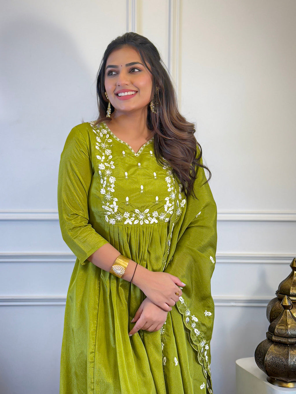 The52 Women's Gorgeous Chinon Embroidery Straight Kurta with Pant And Dupatta Set | Grocsy