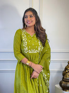 The52 Women's Gorgeous Chinon Embroidery Straight Kurta with Pant And Dupatta Set | Grocsy