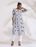 trueBrowns White Cotton Geometric Print Angrakha Kurta Set | Grocsy