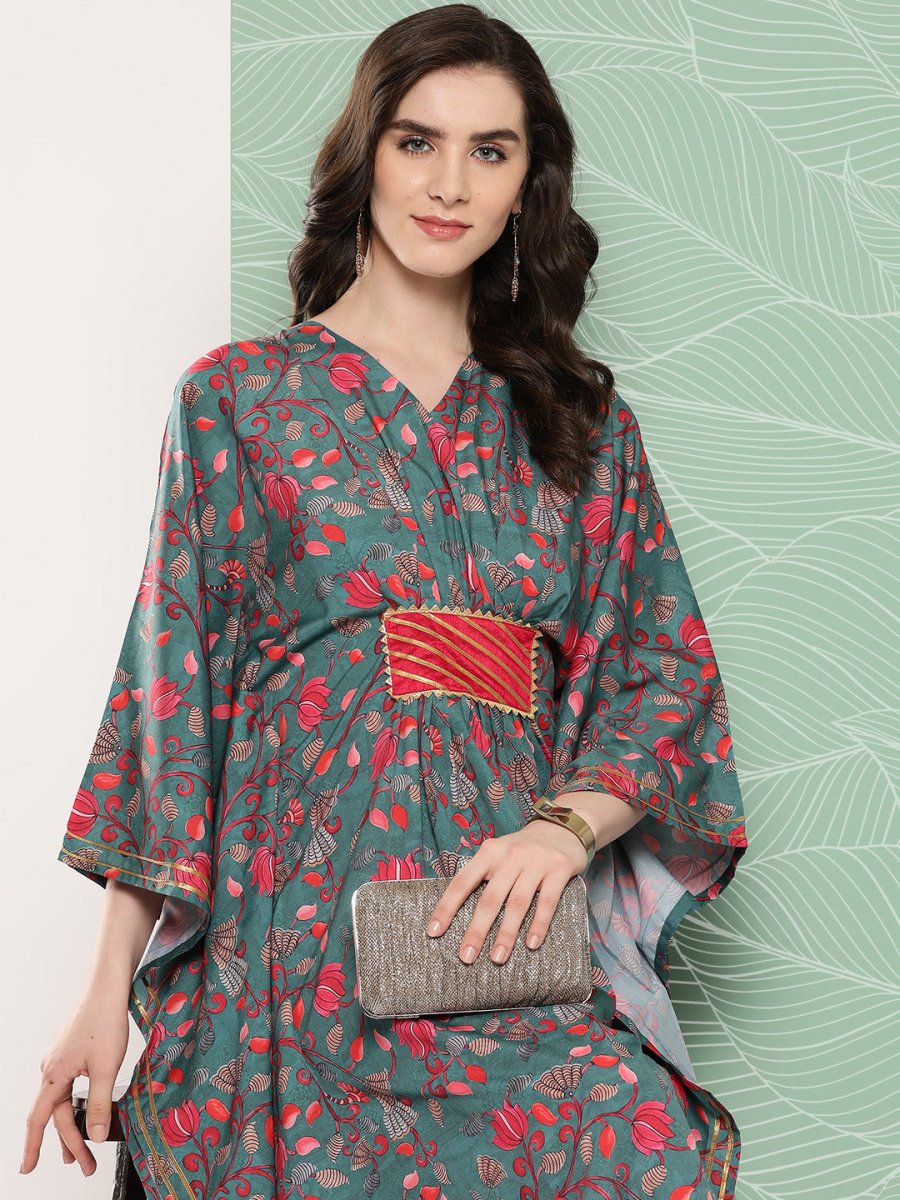Ahalyaa Women Floral Printed Flared Sleeves Gotta Patti Crepe Kaftan Kurta | Grocsy