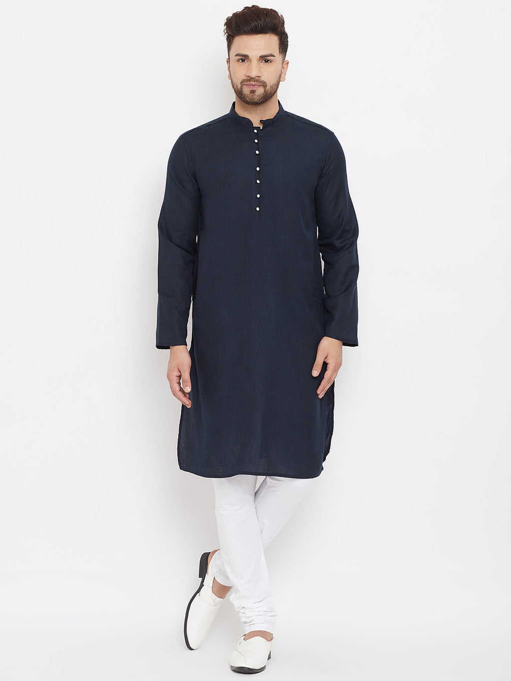 Even Apparels Blue Pure Cotton Kurta With Band Collar | Grocsy