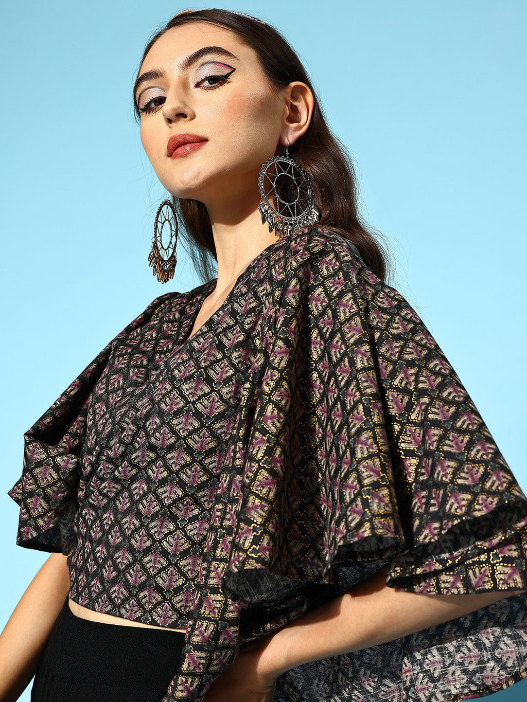 InWeave Women's Black Foil Print Bell Sleeves Top | Grocsy