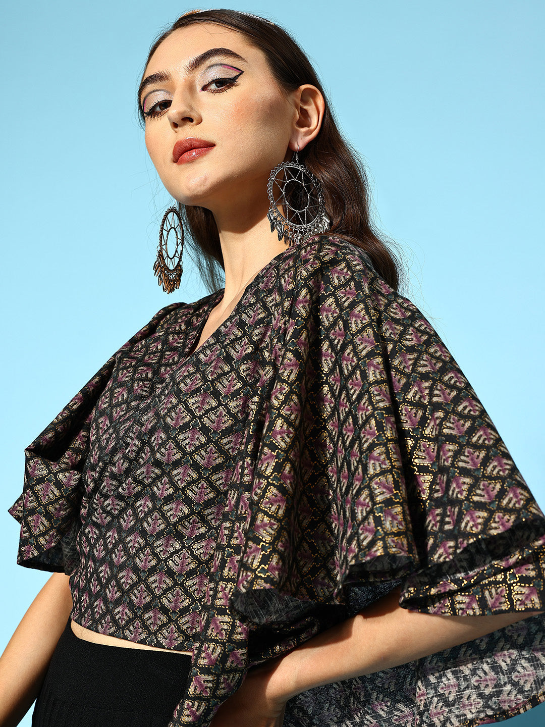 InWeave Women's Black Foil Print Bell Sleeves Top | Grocsy
