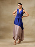 trueBrowns Blue and Grey Textured Silk Sleeveless Round Hemline Kurta Pant Set | Relove | Grocsy