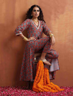 trueBrowns Rust Ajrak Print Slit Kurta Set | Grocsy