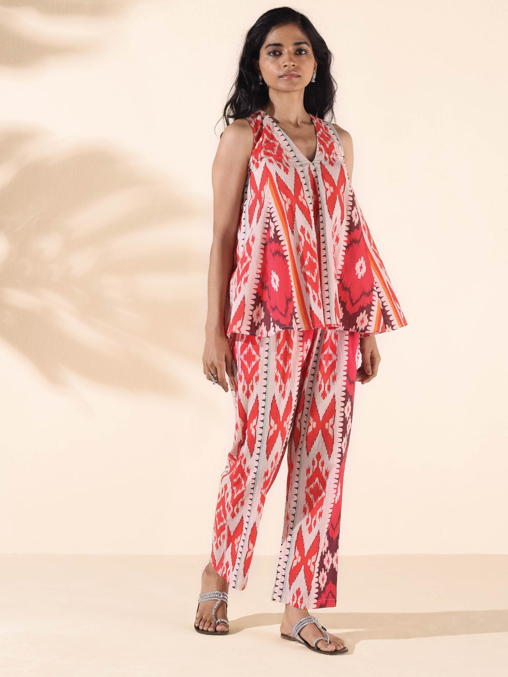 trueBrowns Maroon Cotton Ikat Flared Co-ord Set | Grocsy