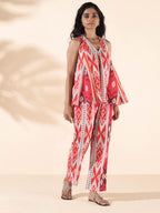 trueBrowns Maroon Cotton Ikat Flared Co-ord Set | Grocsy