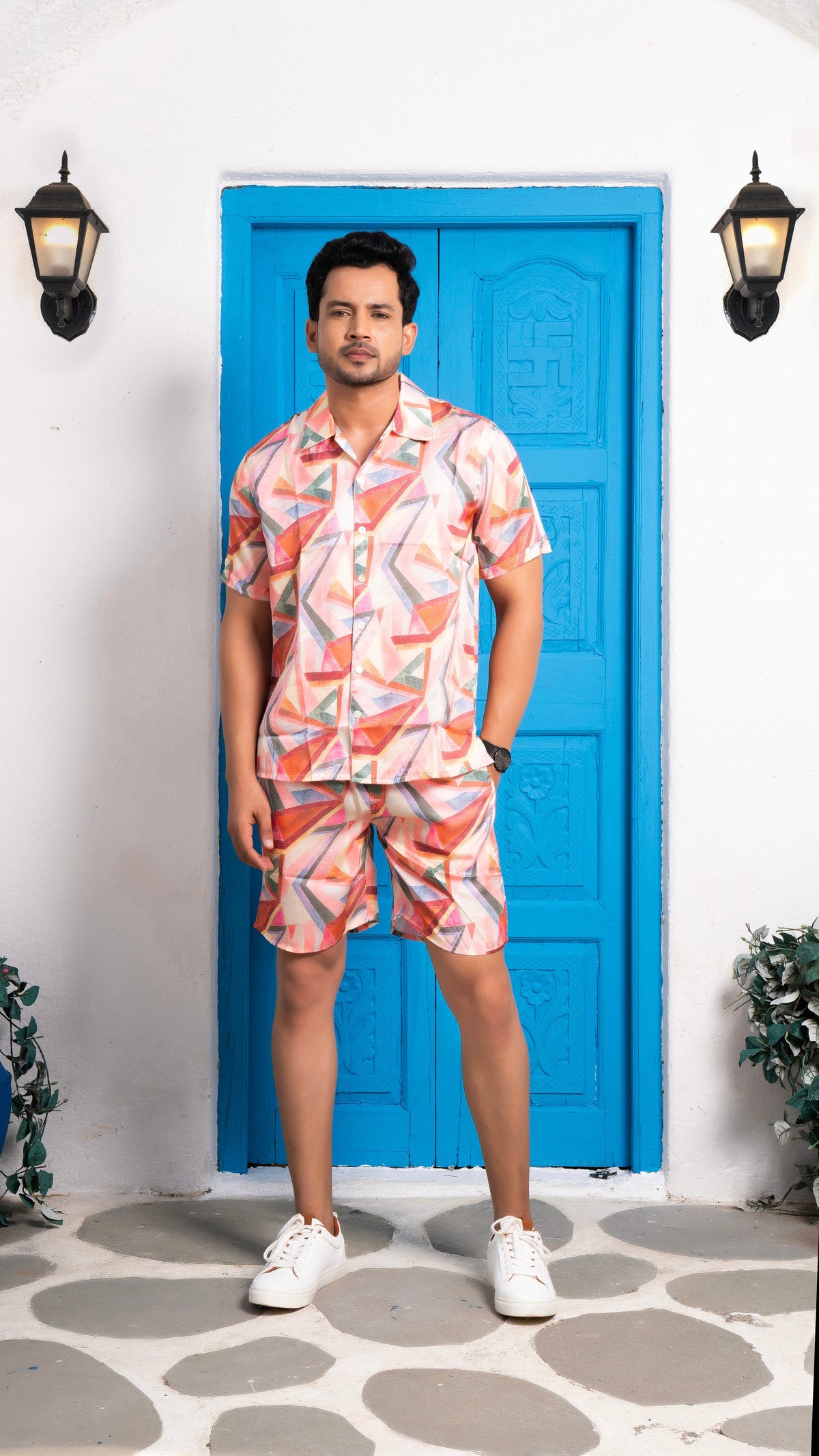 Noroke Sustainable fabric | Linen Satin Linen Geometric Co-ord Set Men | Grocsy
