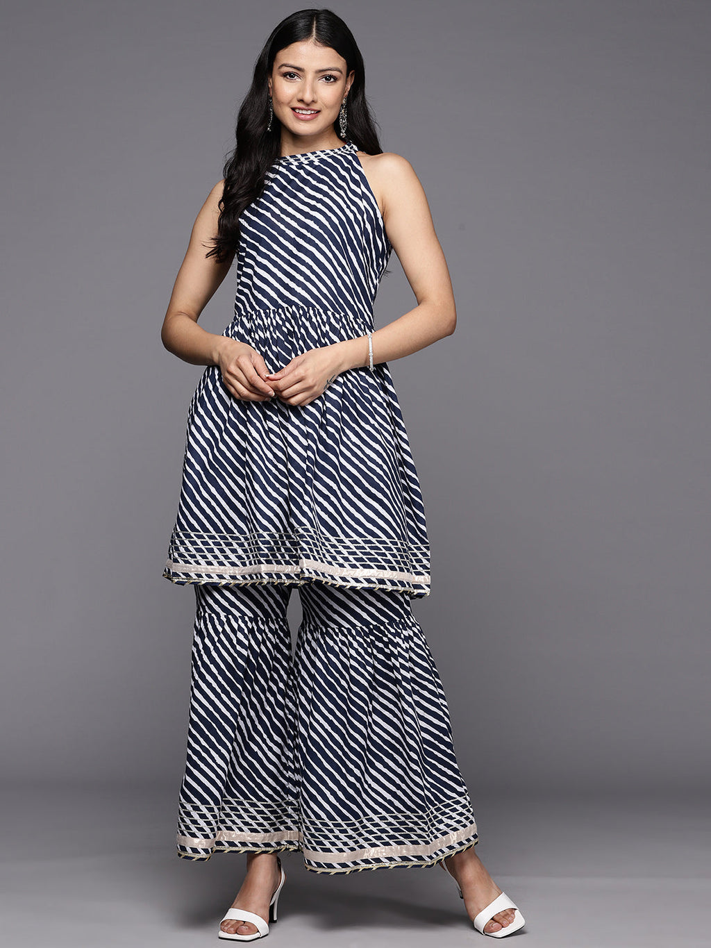 KSUT (House of Varanga) Blue And White Leheriya Halter Neckline Gota Work Kurta With Sharara | Grocsy