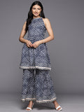 KSUT (House of Varanga) Blue And White Leheriya Halter Neckline Gota Work Kurta With Sharara | Grocsy