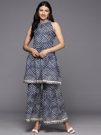 KSUT (House of Varanga) Blue And White Leheriya Halter Neckline Gota Work Kurta With Sharara | Grocsy