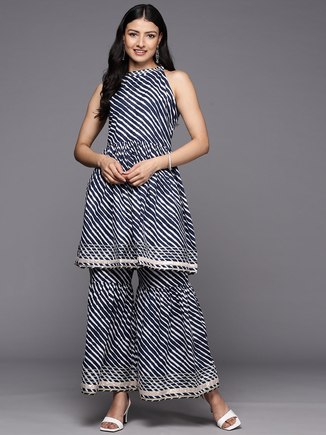 KSUT (House of Varanga) Blue And White Leheriya Halter Neckline Gota Work Kurta With Sharara | Grocsy