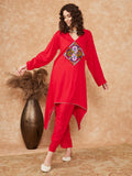 InWeave Women's Red Square Maroon Patch Work Assymentrical Kurta Set | Grocsy