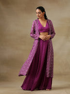 trueBrowns Purple Bandhani Printed Silk Top Skirt Jacket Set | Grocsy
