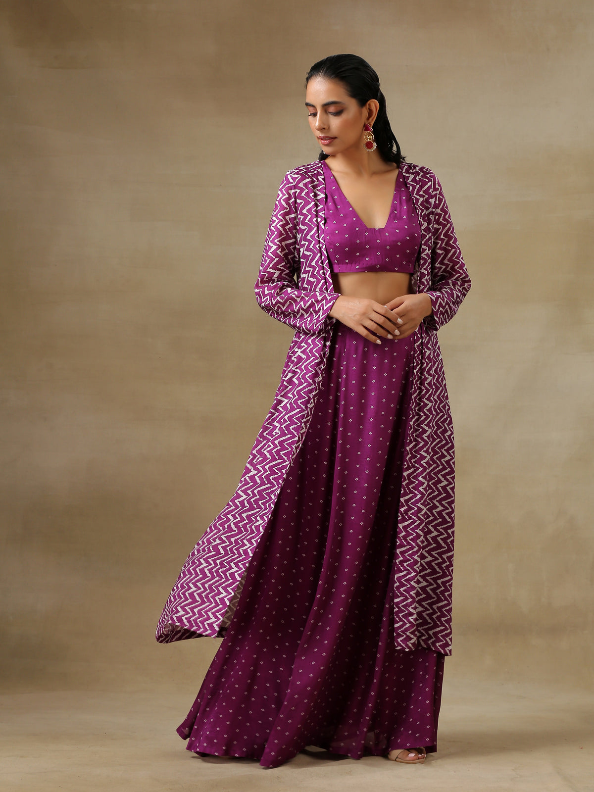 trueBrowns Purple Bandhani Printed Silk Top Skirt Jacket Set | Grocsy