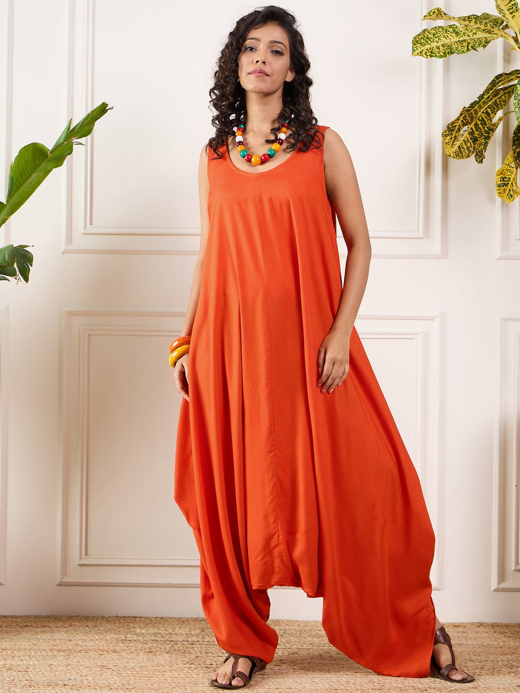 InWeave Orange Round Sleeveless Jumpsuit | Grocsy
