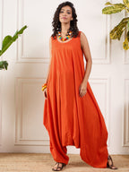 InWeave Orange Round Sleeveless Jumpsuit | Grocsy