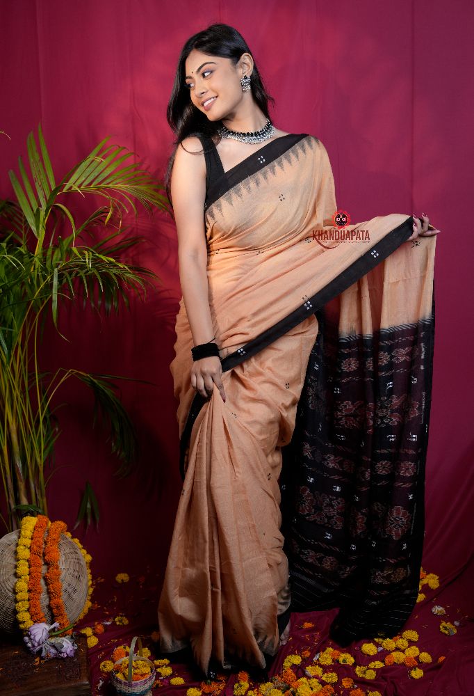 khanduapata Beige & Black Dot Design Cotton Saree For Women | Grocsy