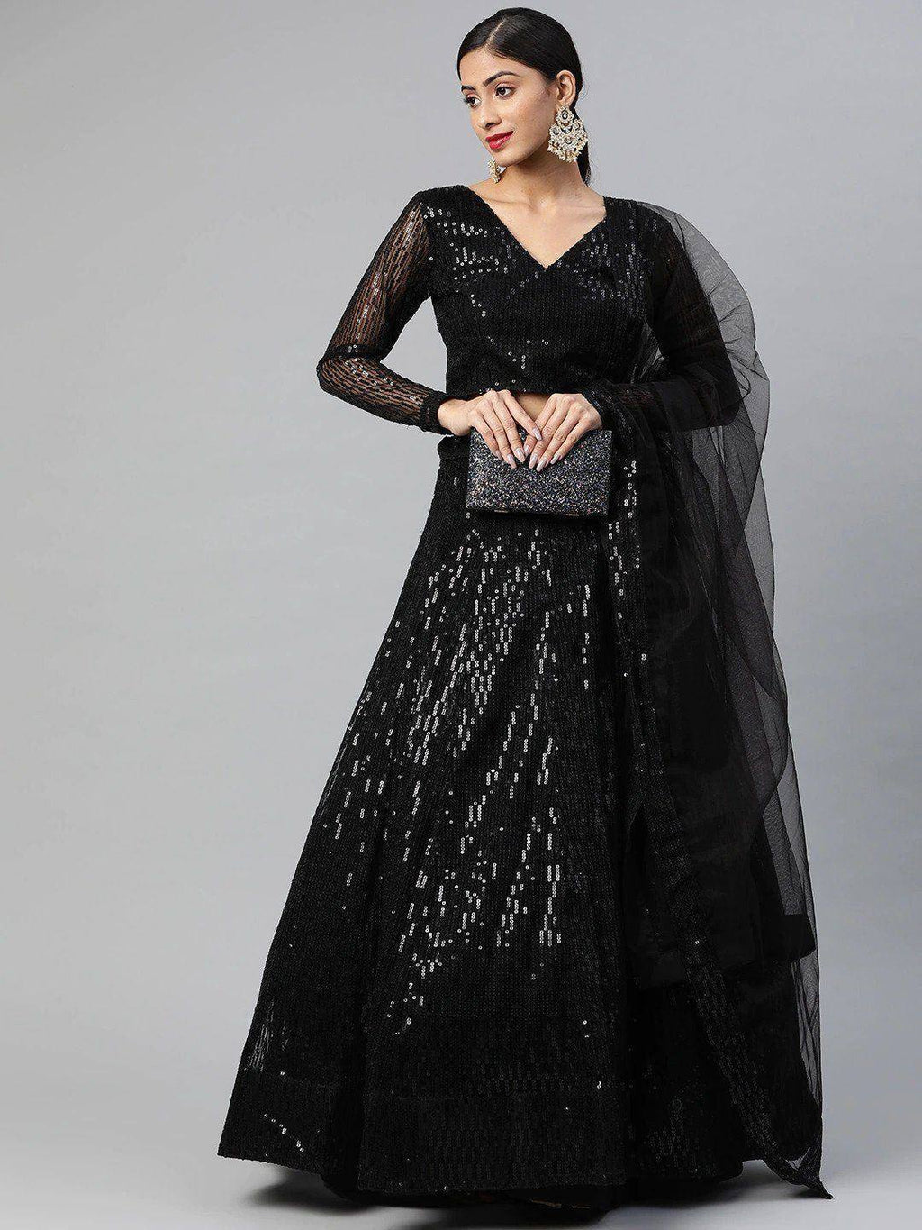 Tulsi Art Black Embroidered Sequinned Semi-Stitched Myntra Lehenga & Blouse With Dupatta | Grocsy