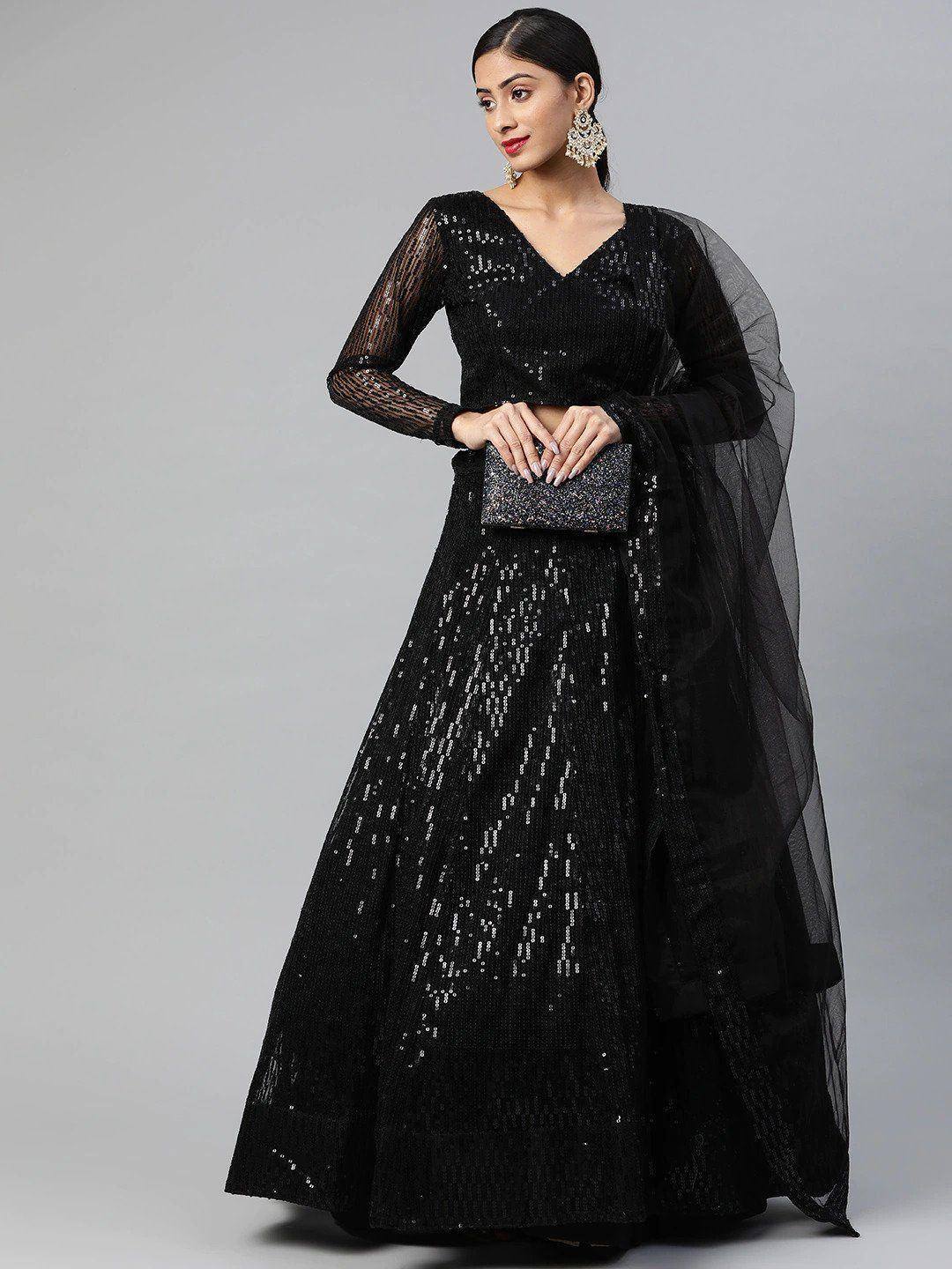 Tulsi Art Black Embroidered Sequinned Semi-Stitched Myntra Lehenga & Blouse With Dupatta | Grocsy