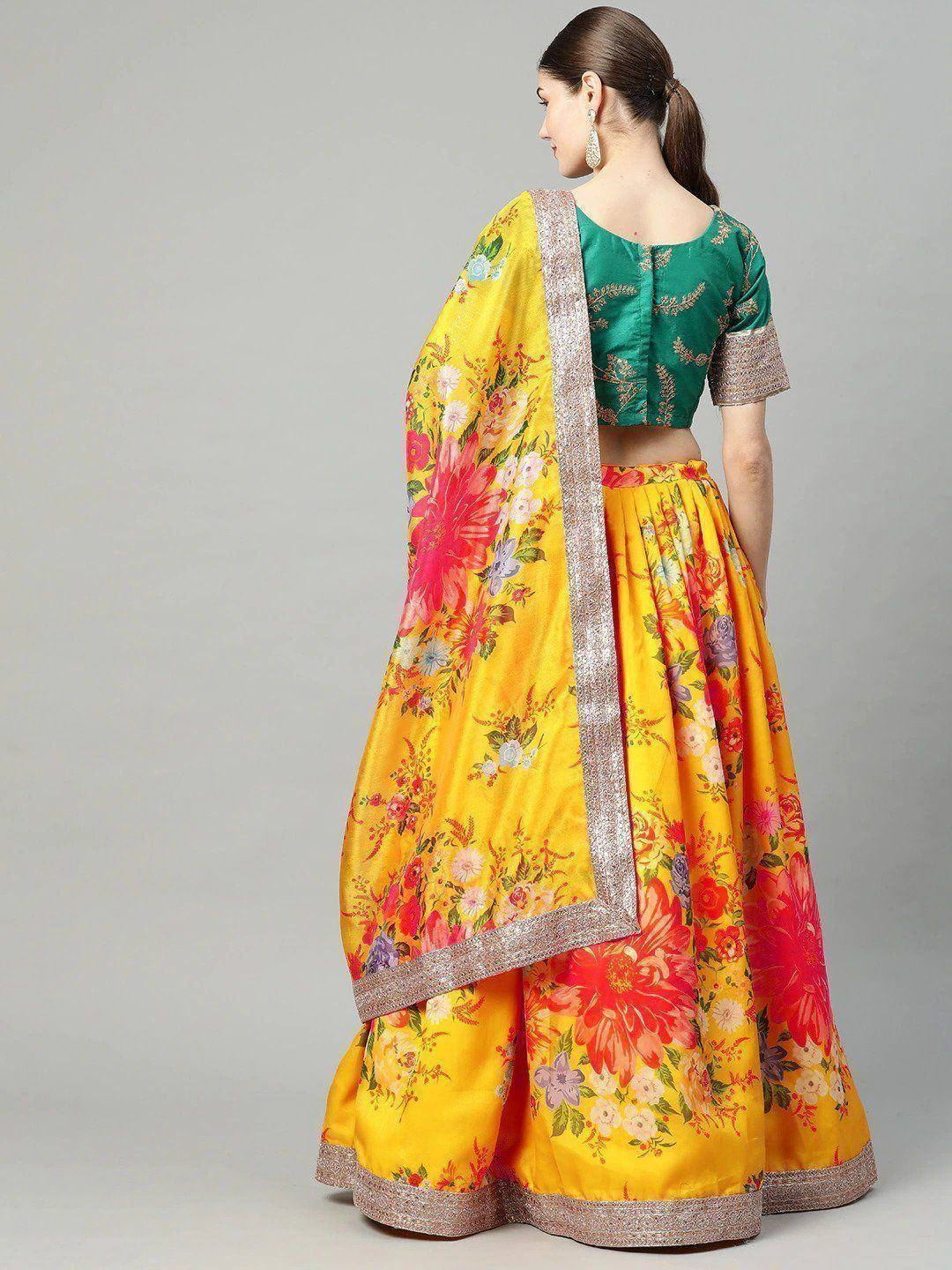 Tulsi Art Mustard Yellow Semi-Stitched Myntra Lehenga & Unstitched Blouse With Dupatta | Grocsy