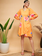InWeave Women's Haldi Yellow Pink Mauve Flower Belted Dress | Grocsy