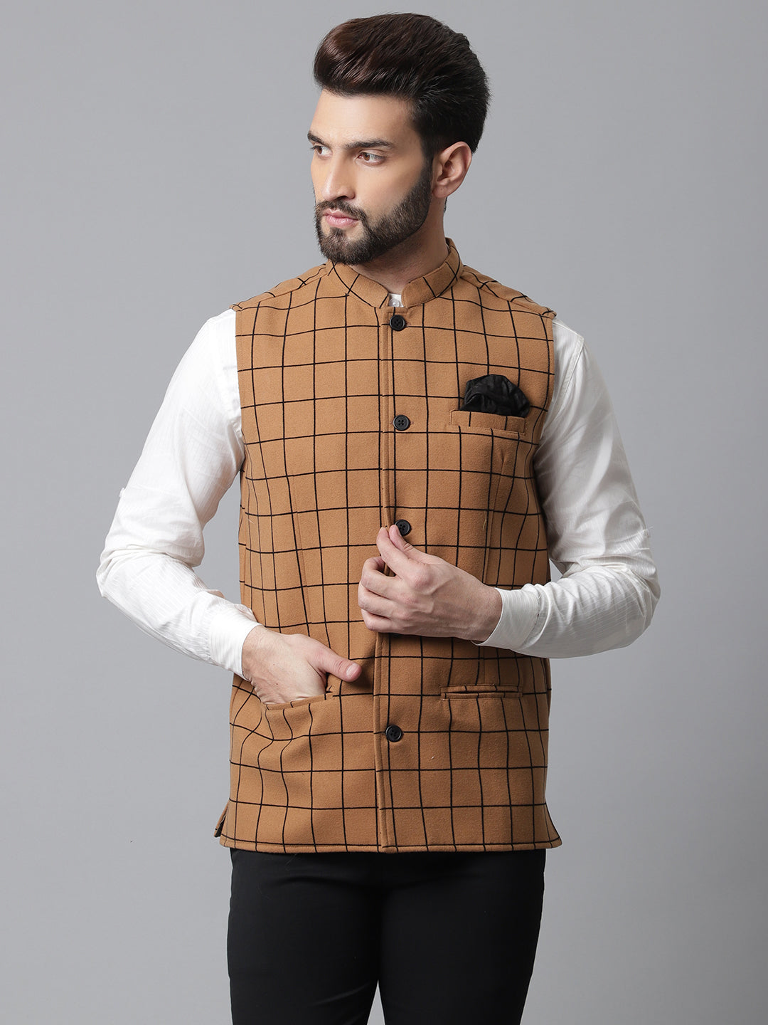 Even Apparels Men's Beige Nehru Jacket With Welt Pockets | Grocsy