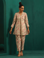 trueBrowns Pink Floral Cotton Printed Neck Pleat Co-ord Set | Grocsy