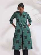 trueBrowns Green Cotton Print Front Slit Kurta Set | Grocsy