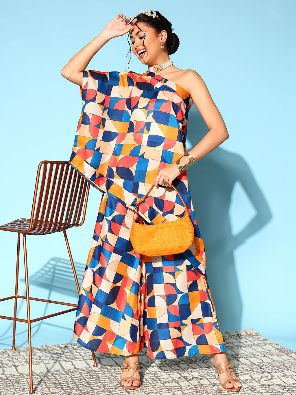 InWeave Women's Multi Geometric Print One Shoulder Top With Palazzo Set | Grocsy