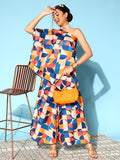 InWeave Women's Multi Geometric Print One Shoulder Top With Palazzo Set | Grocsy