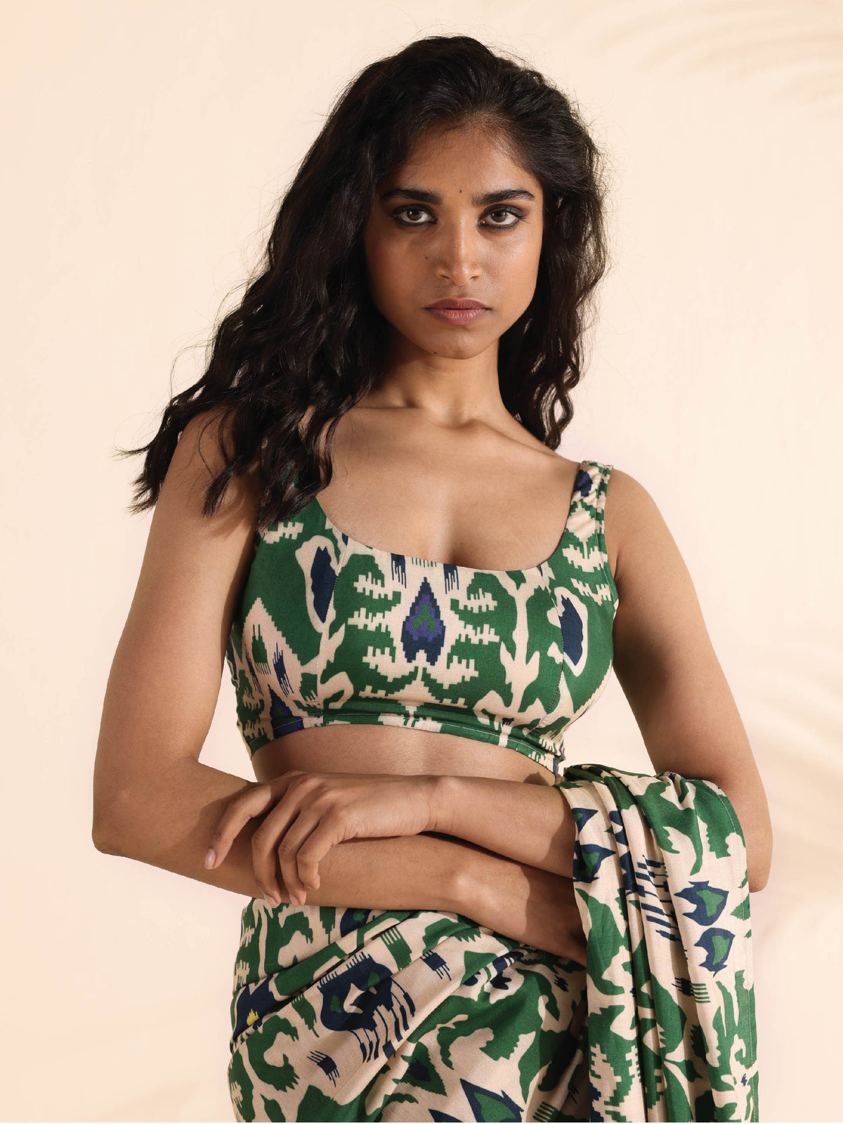 trueBrowns Green Muslin Ikat Sleeveless Blouse | Grocsy