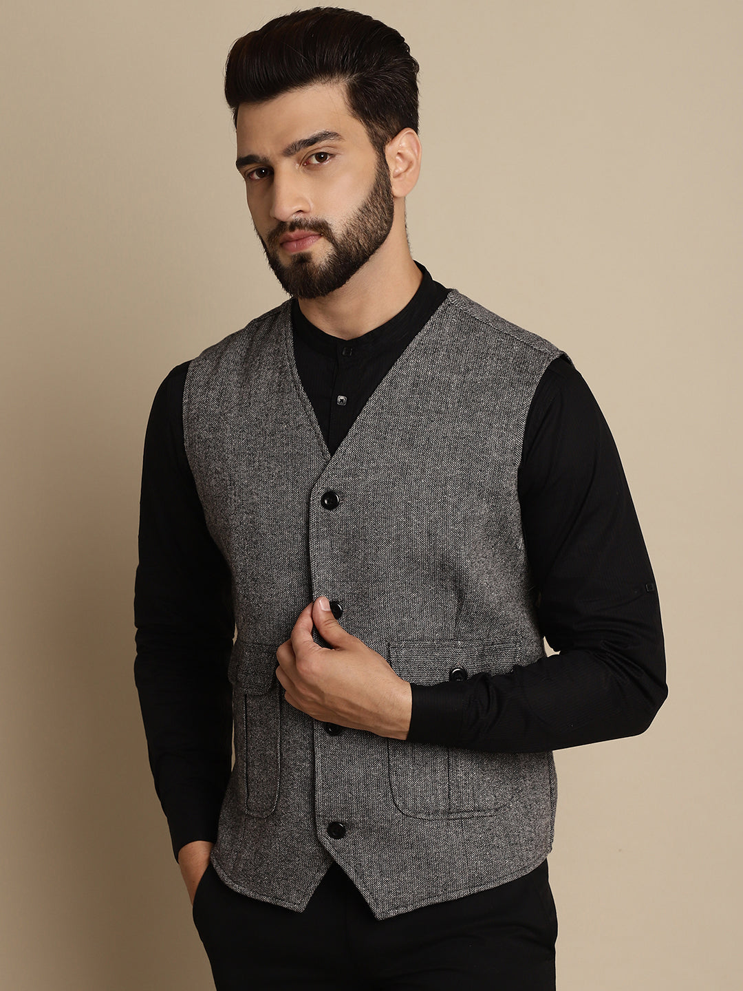 Even Apparels Men's Black Woolen Waistcoat With Patch Pocket | Grocsy