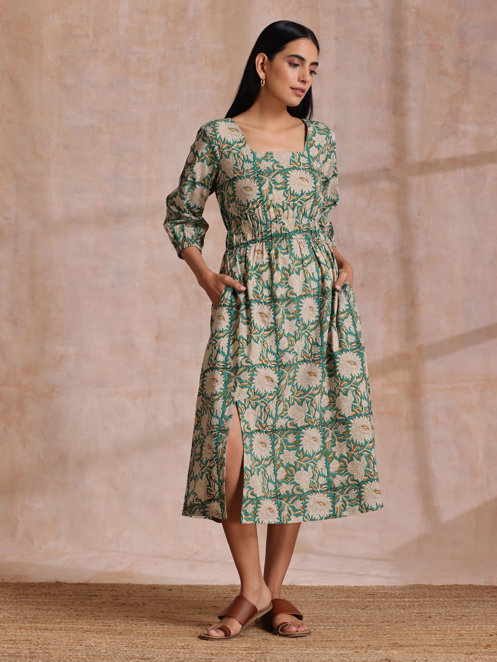 trueBrowns Fern Green Overall Floral Block Print Cotton Square Neck Dress | Grocsy