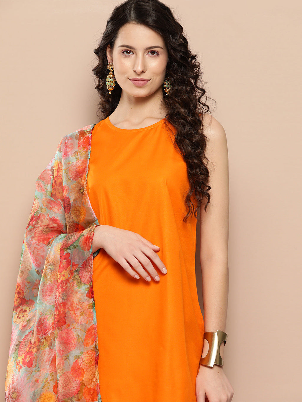 InWeave Women's Tangy Orange Short Pallazo Set W Green Or Dupatta | Grocsy