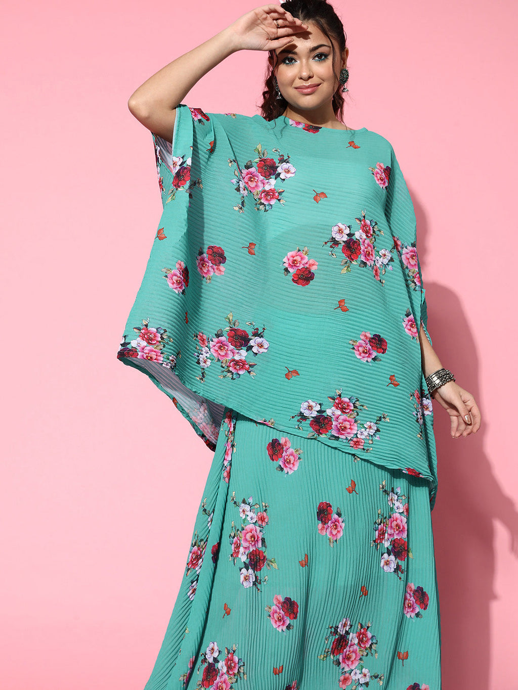 InWeave Women's Blue Floral Print Pleated Kaftan Top | Grocsy