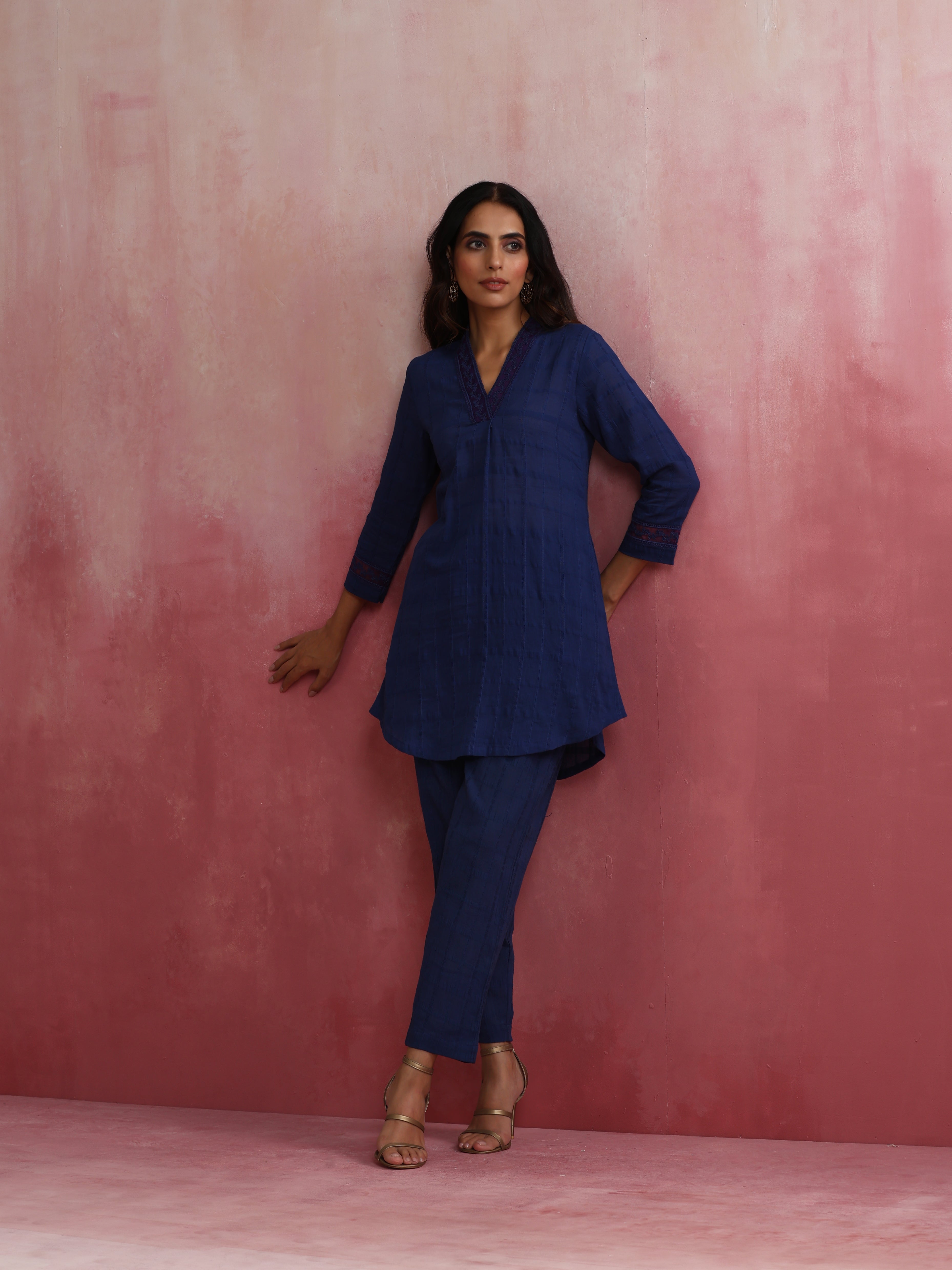 trueBrowns Dark Blue Cotton Dobby Kurta Co-ord set | Grocsy