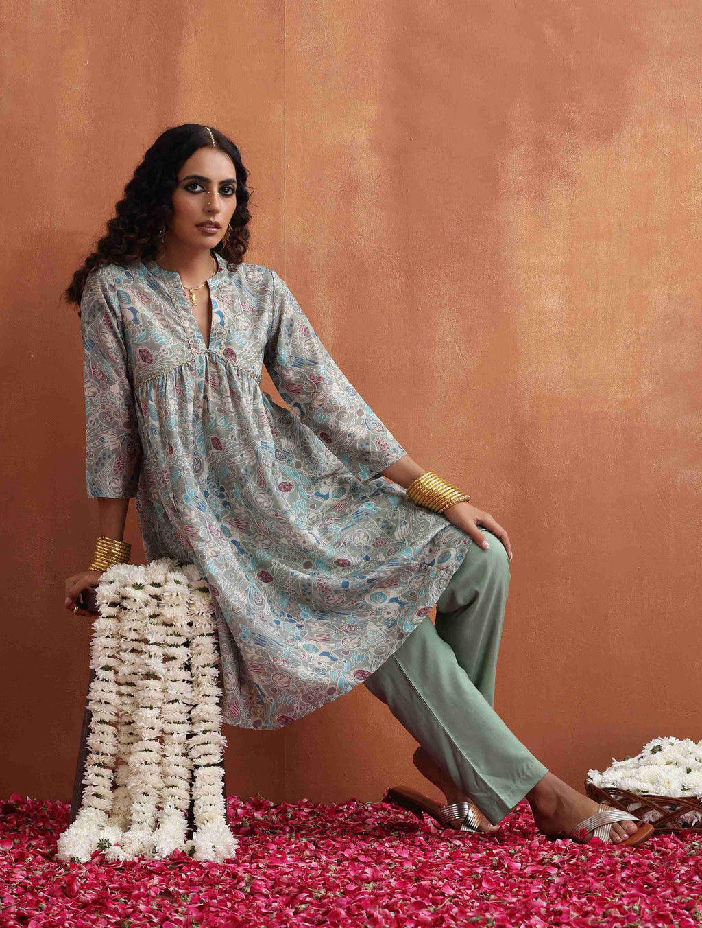 trueBrowns Green Print Flared Kurta Co-ord Set | Grocsy