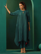 trueBrowns Teal Silk Handkerchief Kurta Pant Set | Grocsy