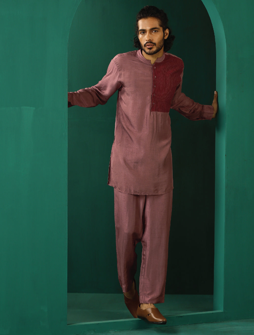trueBrowns Men's Light Mauve Silk Co-ord Set | Grocsy