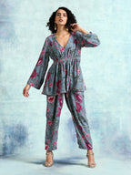 trueBrowns Grey Printed Velvet Co-Ord Set | Grocsy