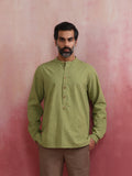 trueBrowns Men's Pista Green Cotton Mandarin Collar Stylized Kurta | Grocsy