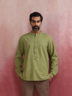 trueBrowns Men's Pista Green Cotton Mandarin Collar Stylized Kurta | Grocsy