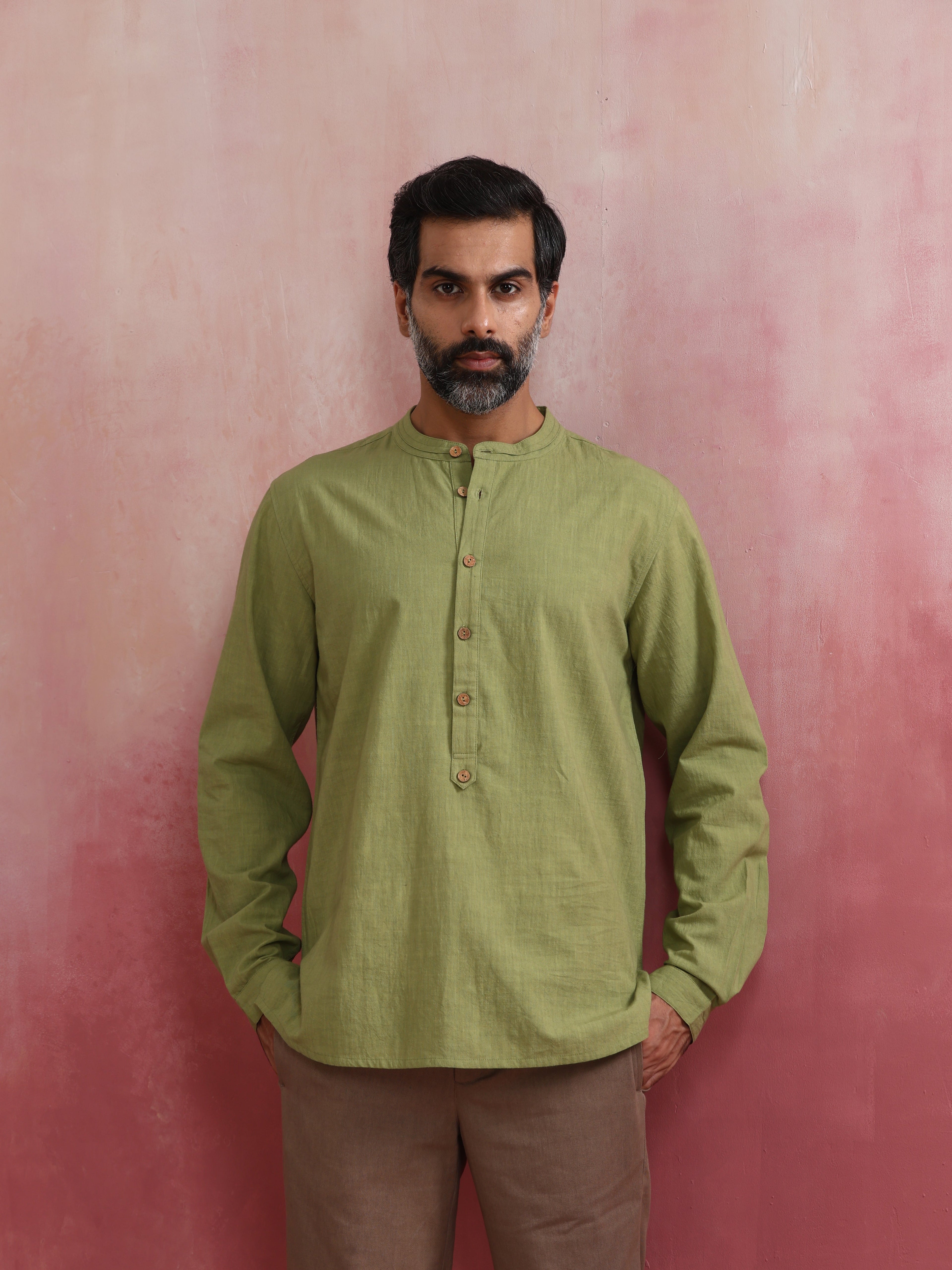 trueBrowns Men's Pista Green Cotton Mandarin Collar Stylized Kurta | Grocsy