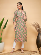 InWeave Women's Green Pink Floral Angrakha Straight Kurta | Grocsy