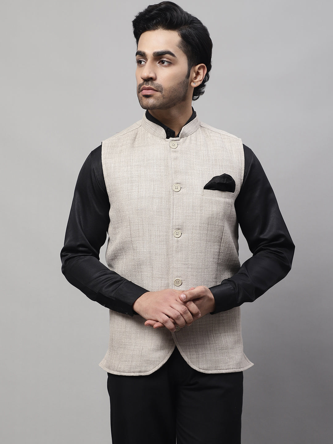 Even Apparels Men's Beige Nehru Jacket With Welt Pockets | Grocsy