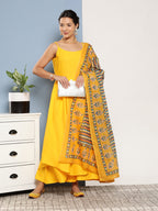 InWeave Women's Yellow Ray Strappy Kurta Set With Yellow Zig Zag Cotton Dupatta | Grocsy
