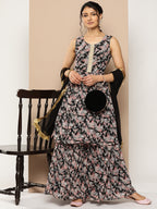 KSUT (House of Varanga) Black Printed Anarkali Kurta Paired With Sharara And Plain Tonal Dupatta | Grocsy