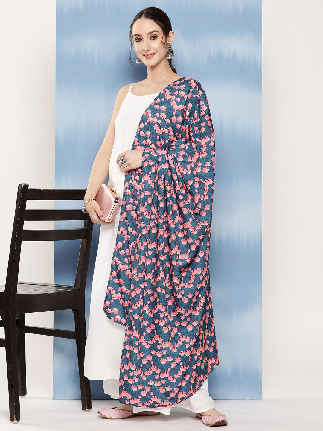 InWeave Women's White Strappy Set With Navy Pink Lotus Cr Dupatta | Grocsy